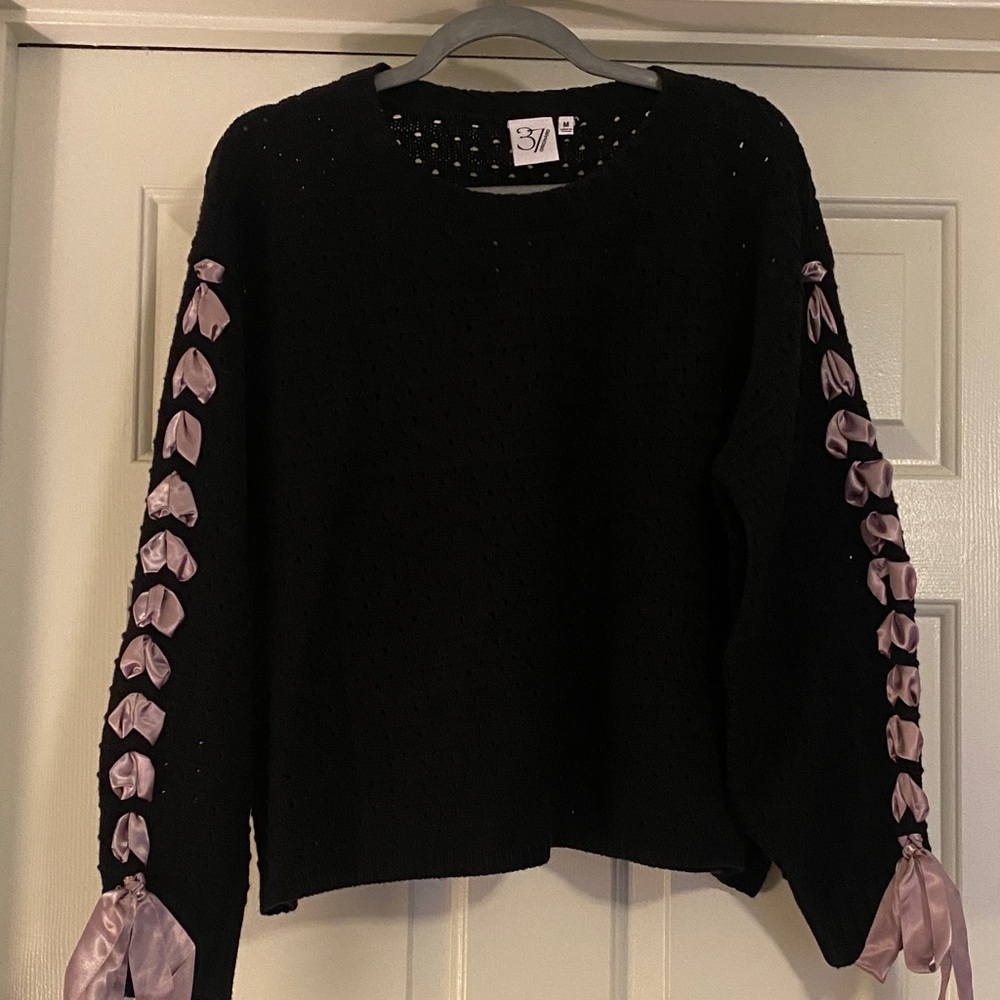 Black Sweater with Lilac Ribbon Accents